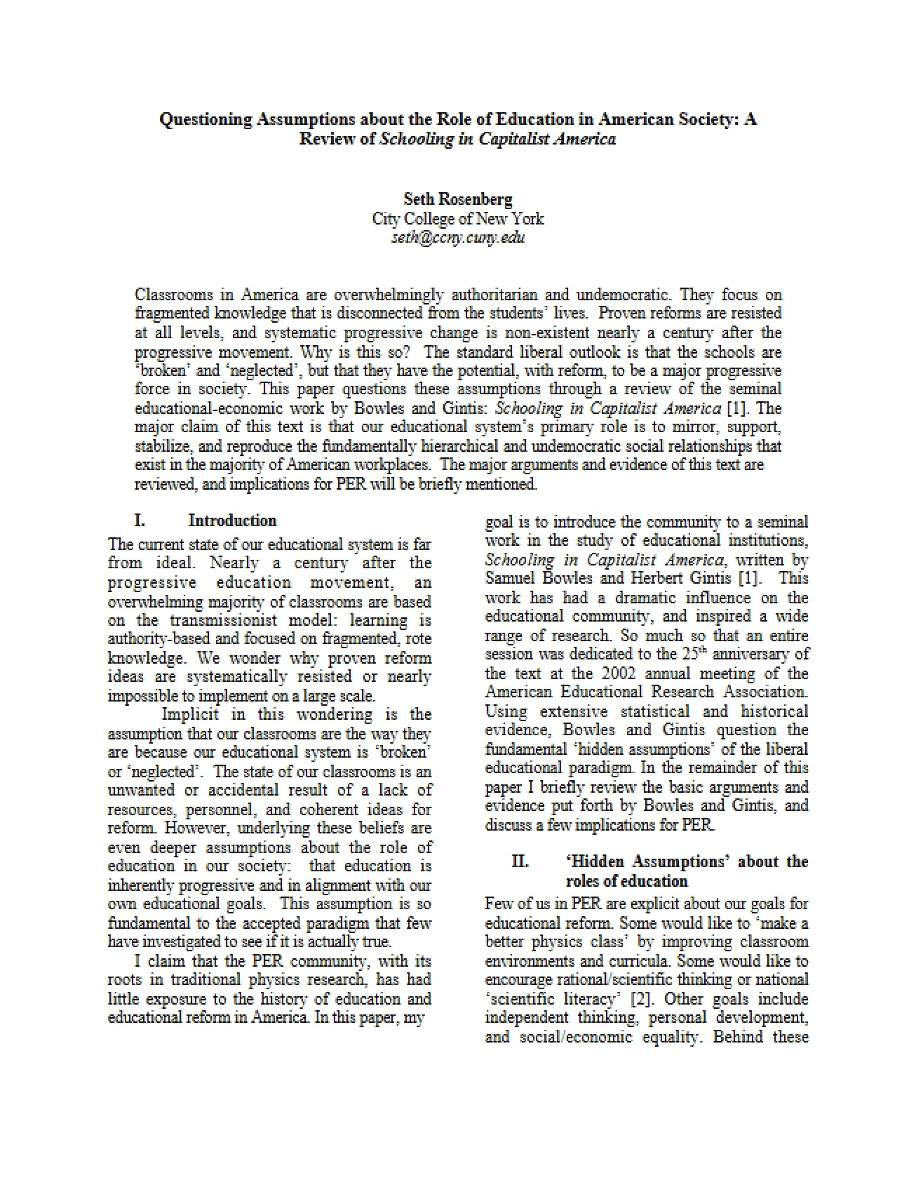 Questioning Assumptions about Education's Role in American Society