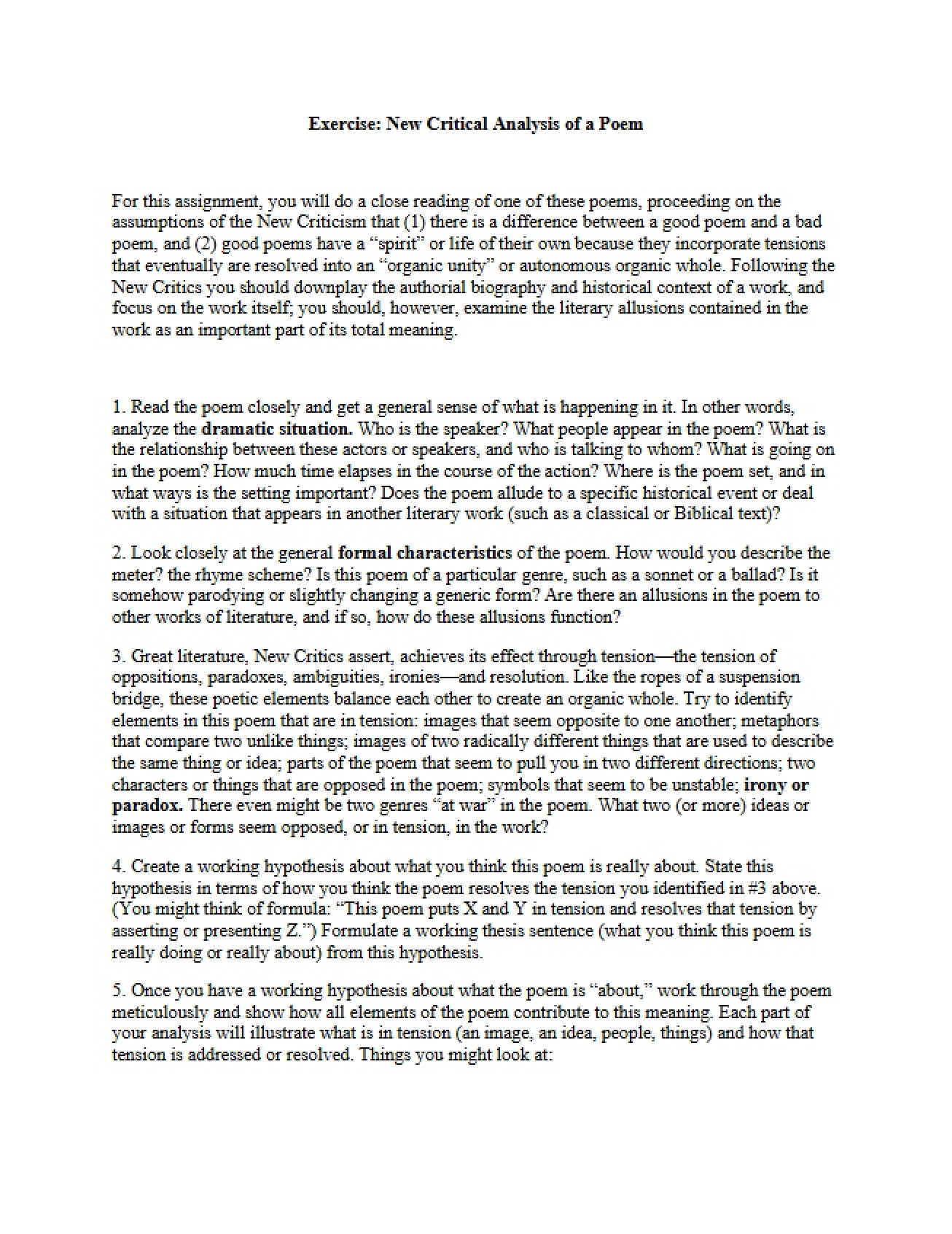 New Critical Poem Analysis Exercise