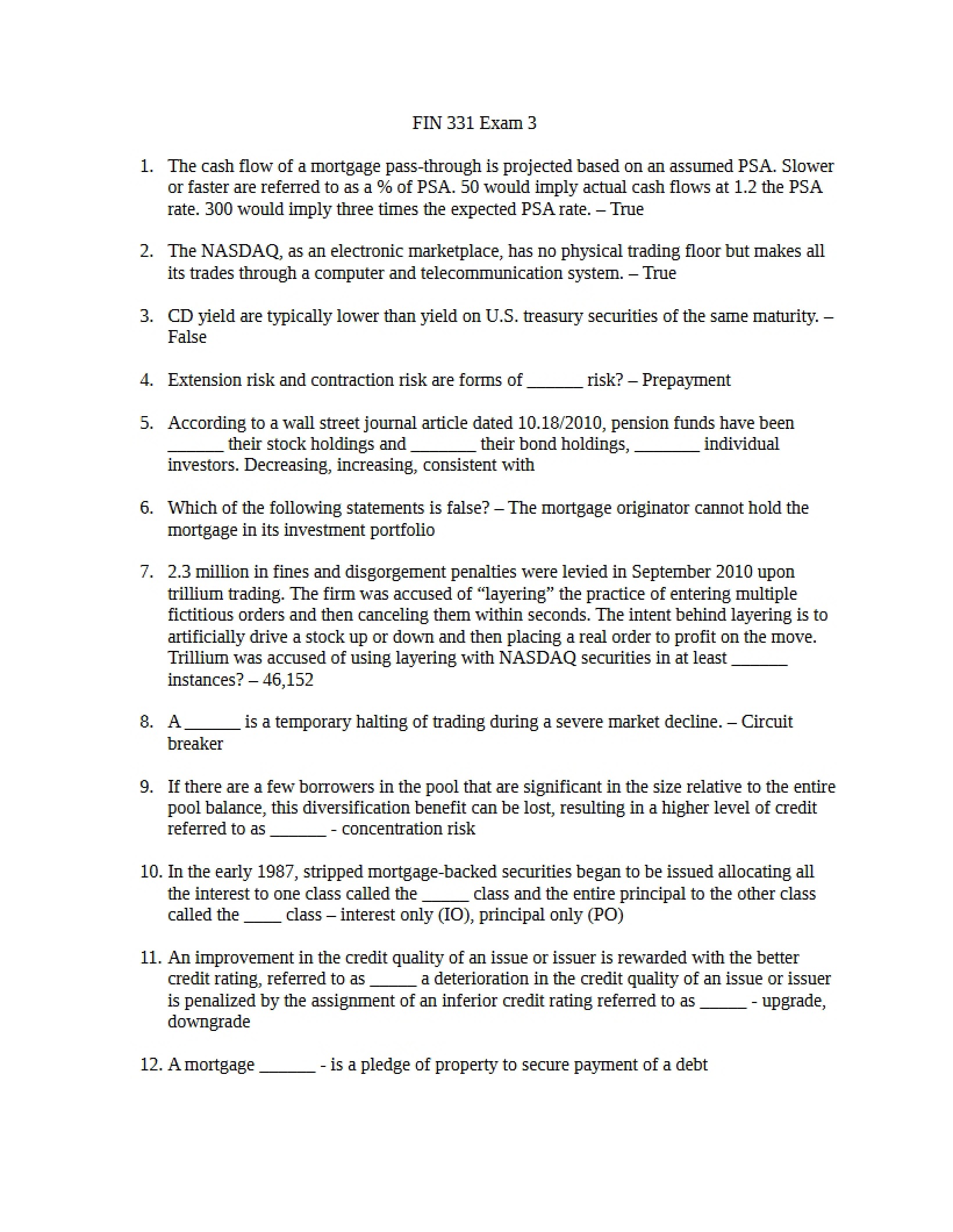 Financial Markets Exam Three