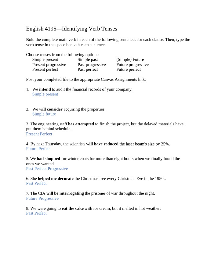 Verb Tenses - How to Classify and Bold Main Verbs