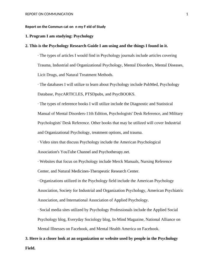 Field of Study Report