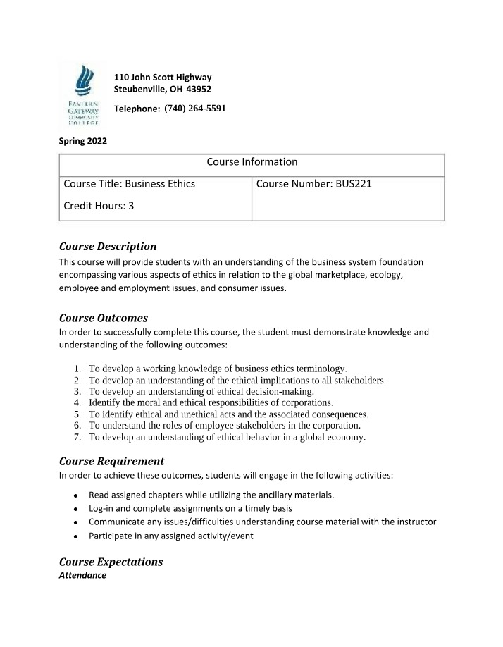 Syllabus and Schedule for BUS 221 Spring 2022