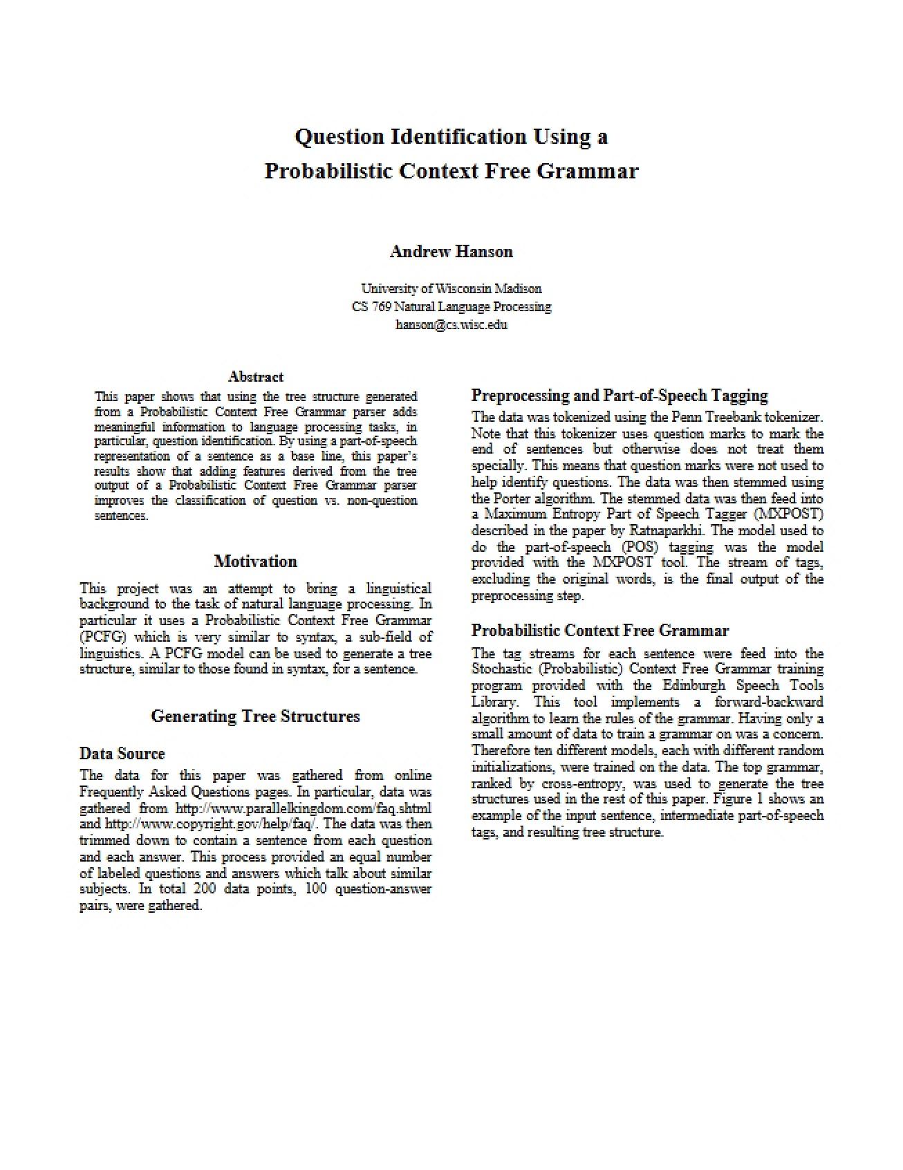 Probabilistic Context Free Grammar for Identifying Questions