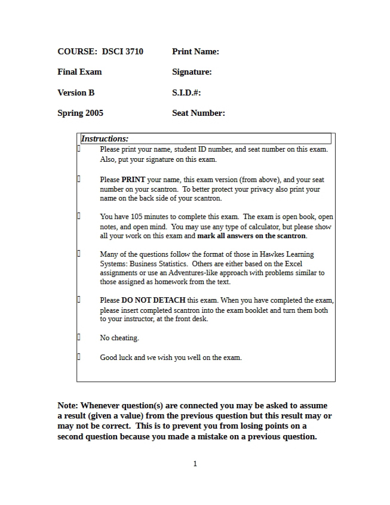 Final Exam Version B Spring 2005