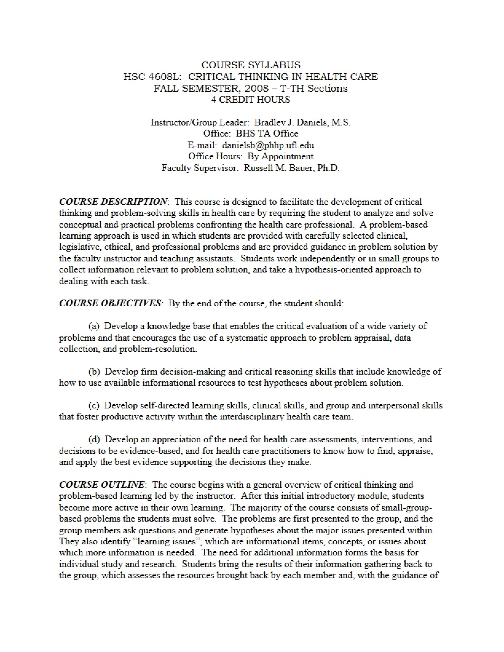 Course Outline for Critical Thinking