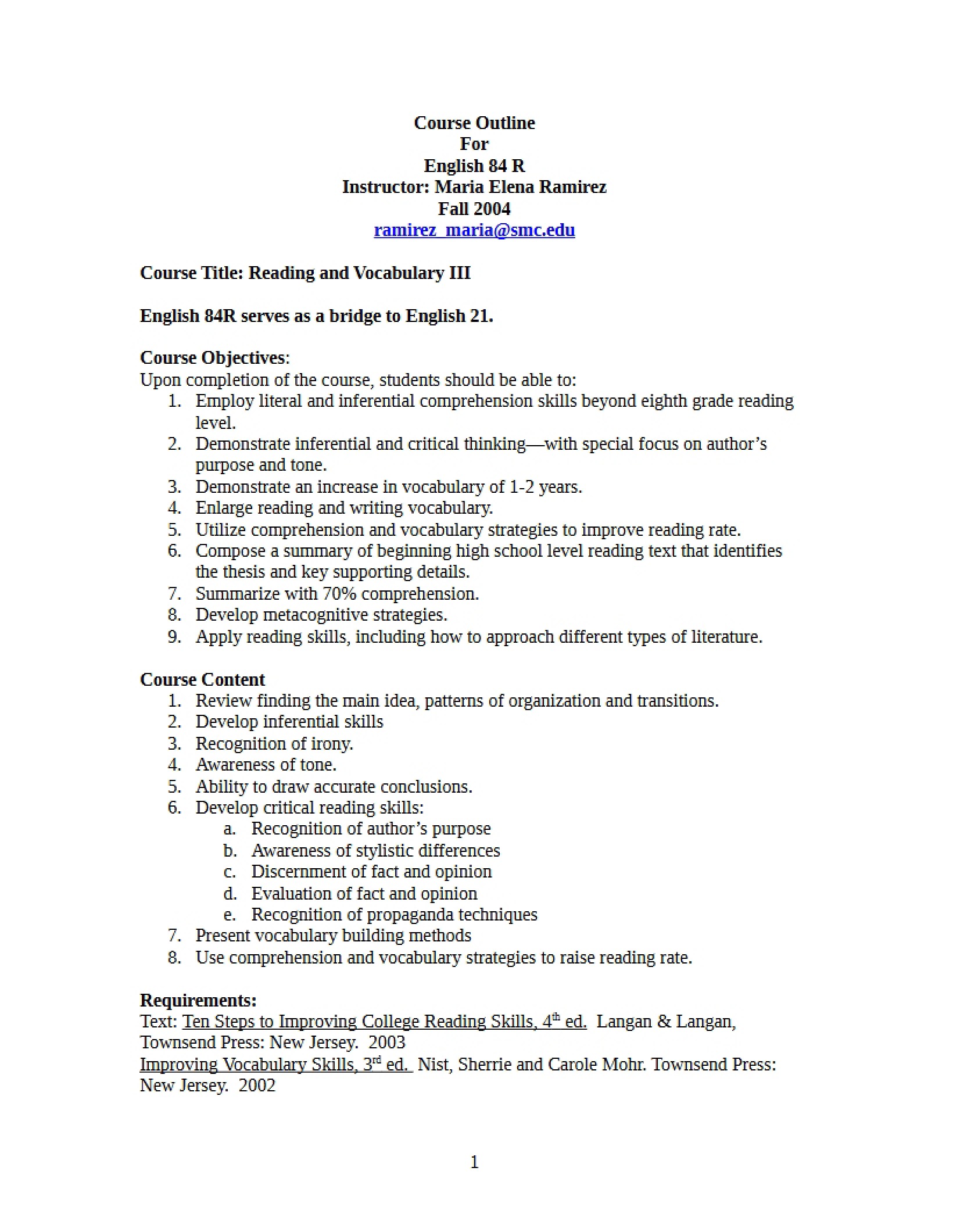 ENGL 84R Curriculum Outline