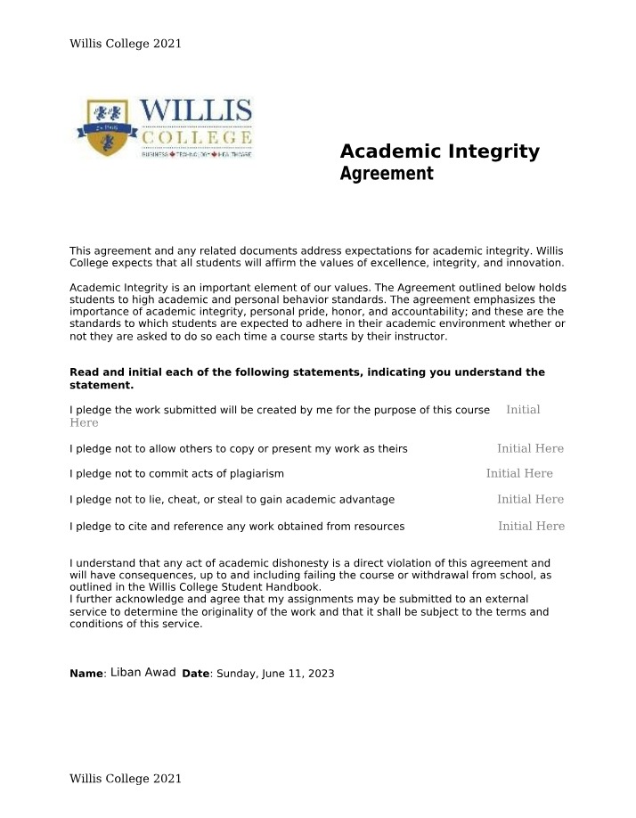 Form for Academic Integrity