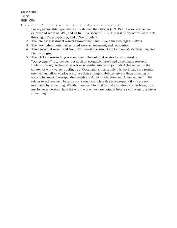 Career Assessment Results - Debater Personality and Interest