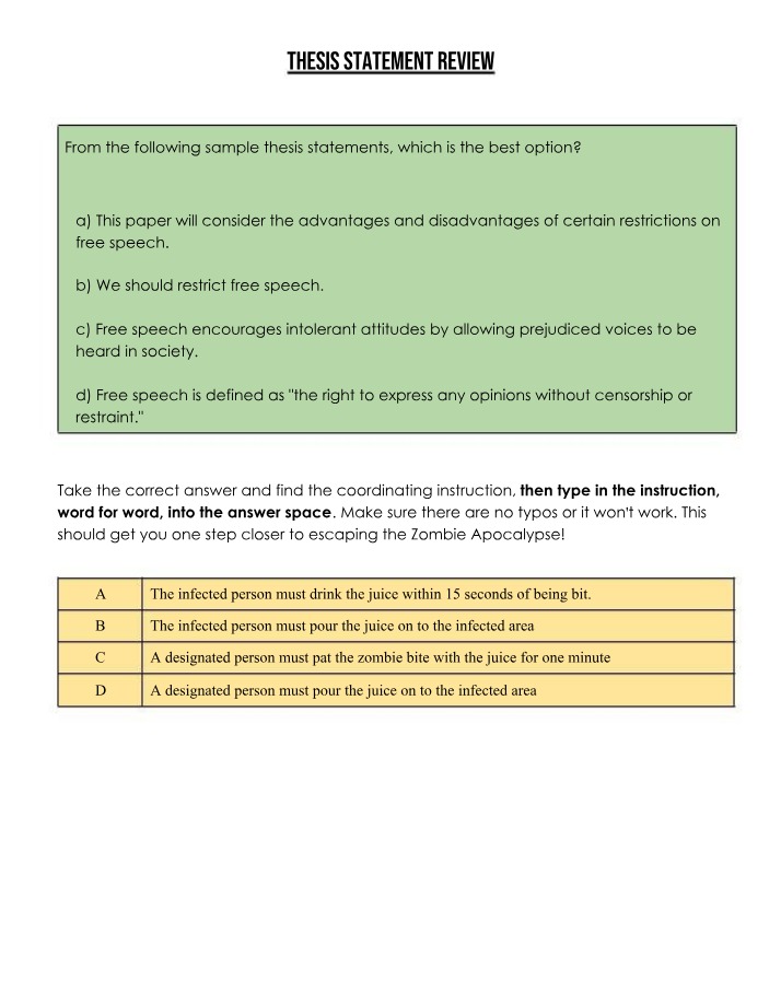 Zombie Apocalypse Instructions and Thesis Statement Review