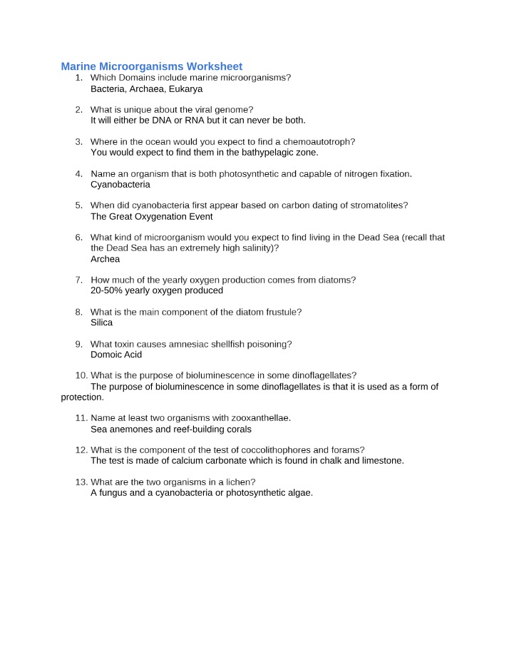 Worksheet on Marine Microorganisms