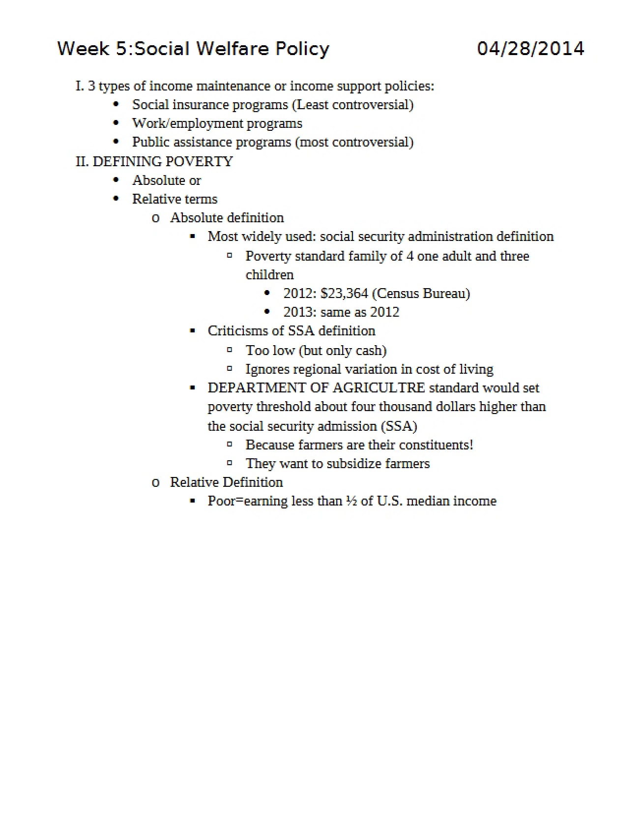 Week Five An Overview of Social Welfare Policy