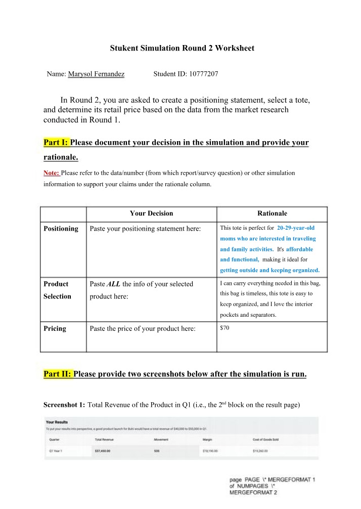 Round 2 Worksheet for Stukent Simulation