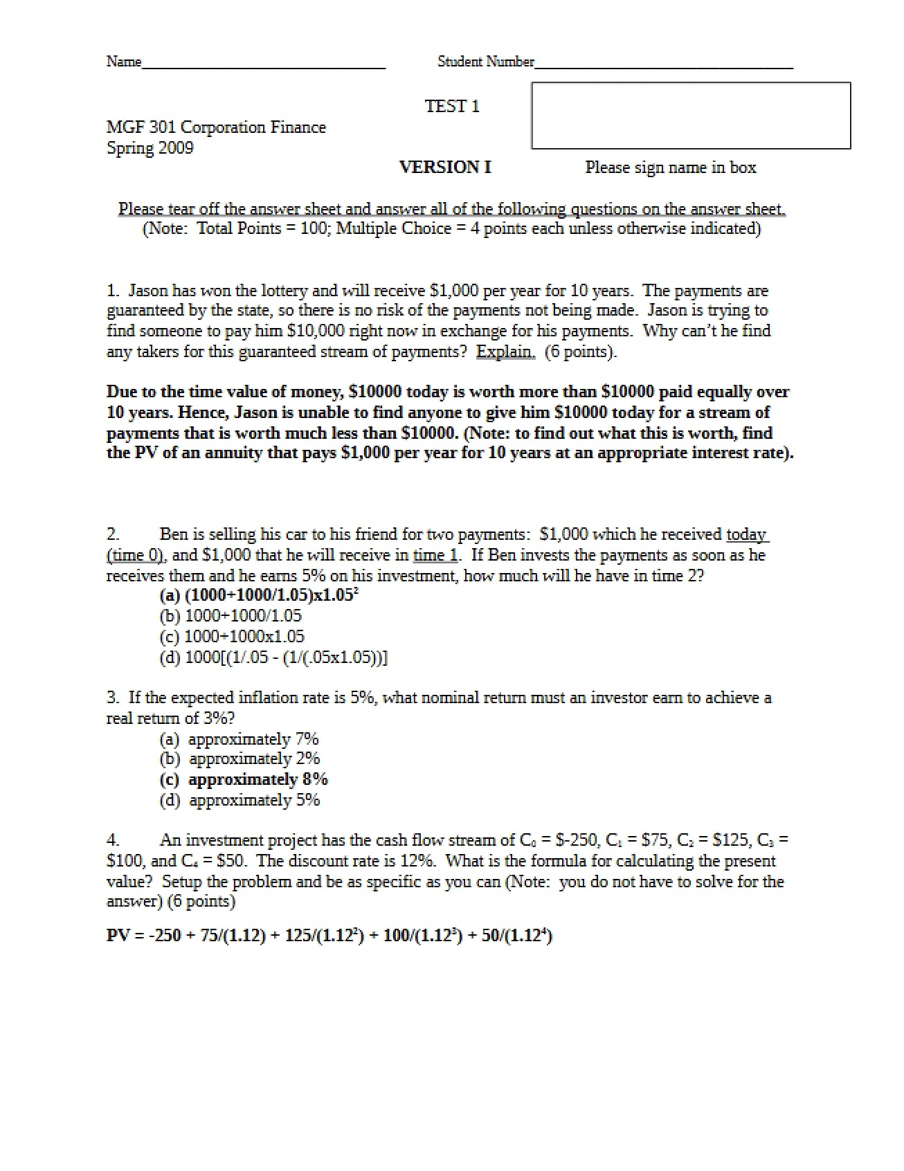 Solutions for Spring 2009 Test 1 Version I