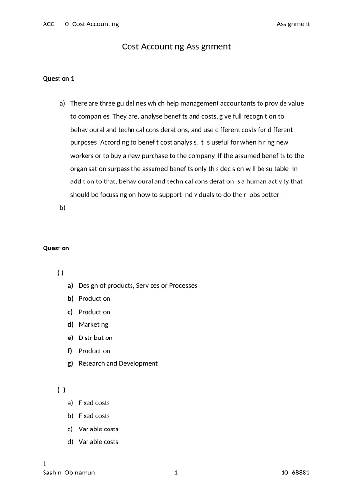 Cost Accounting Assignment 1