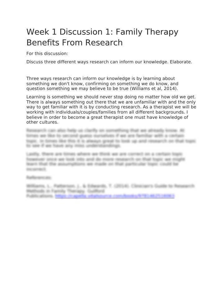 Family Therapy Benefits from Research - Week 1 Discussion 1