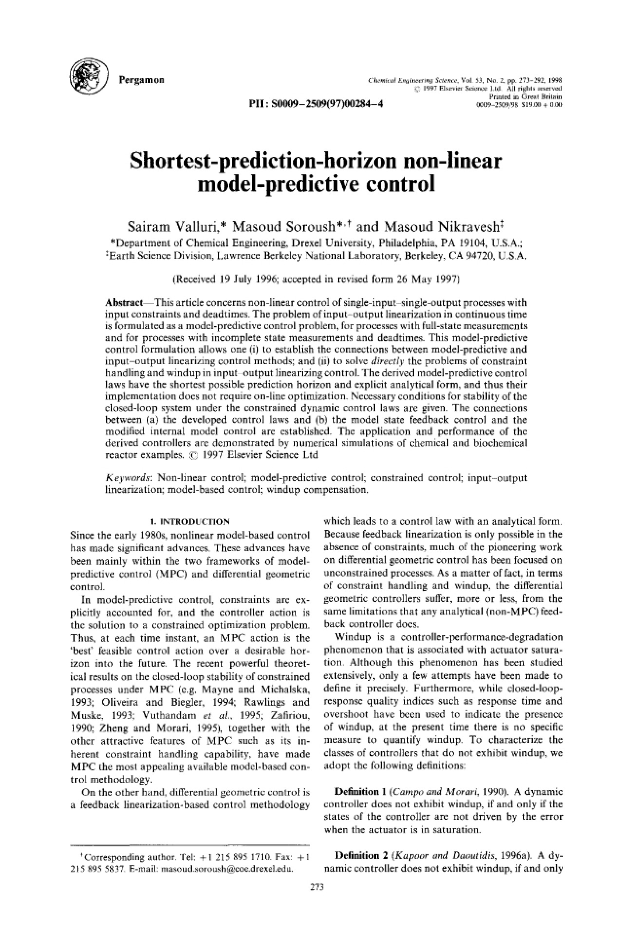 Non-Linear Model-Predictive Control Shortest-Prediction-Horizon