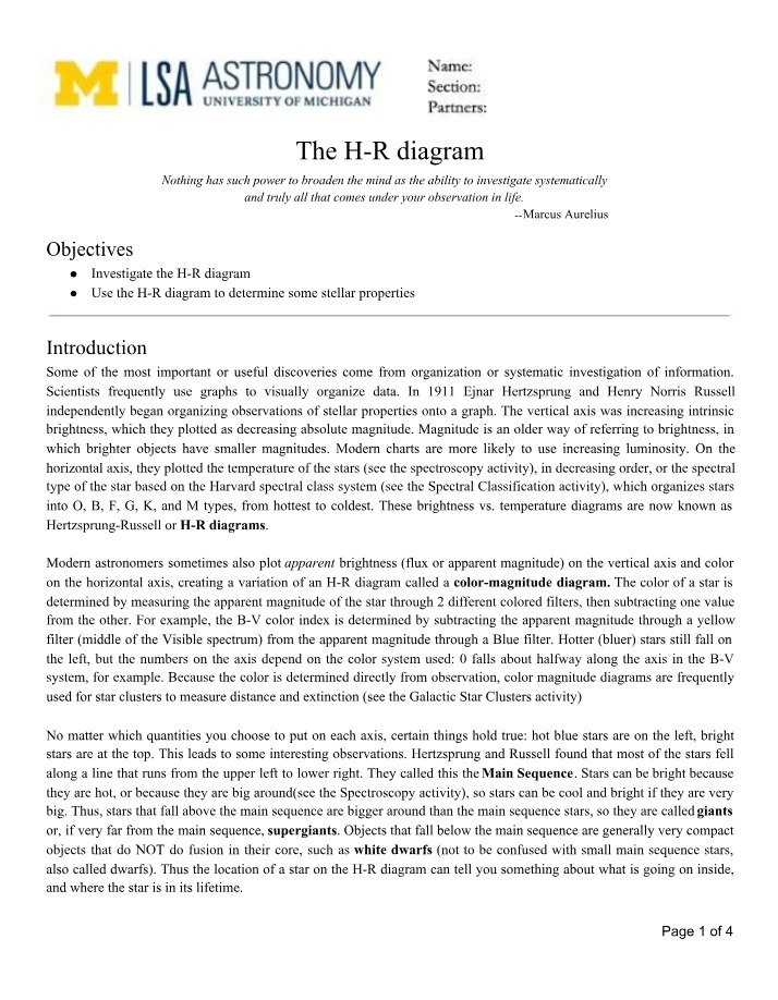 Worksheet - H-R Diagram