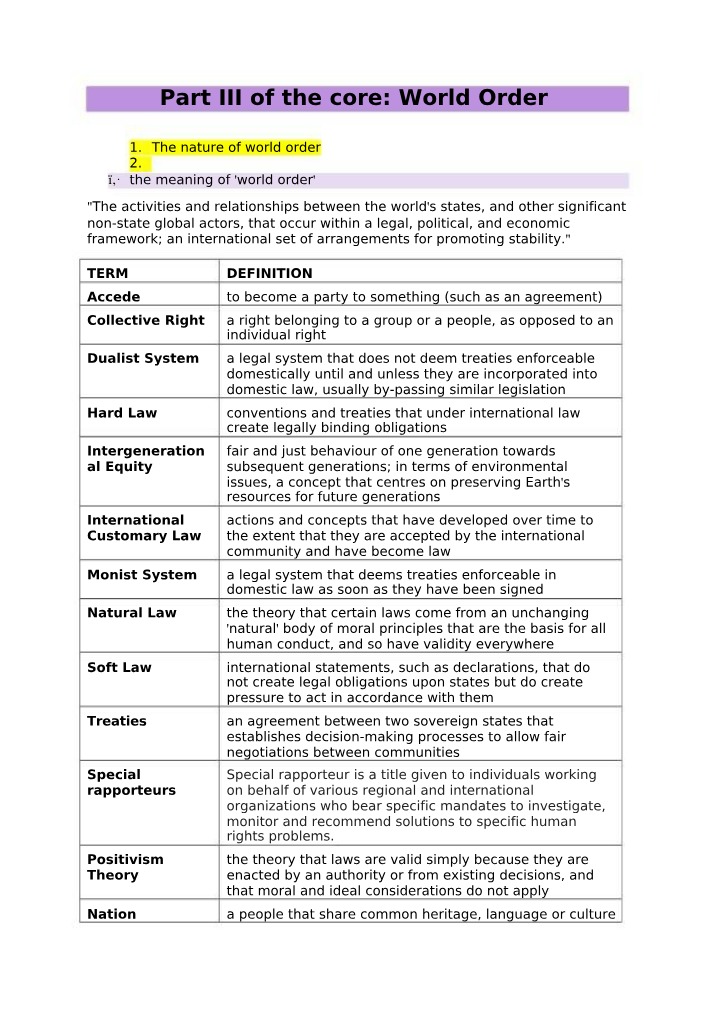 World Order - Analysis of Definitions, Treaties, and Conflict
