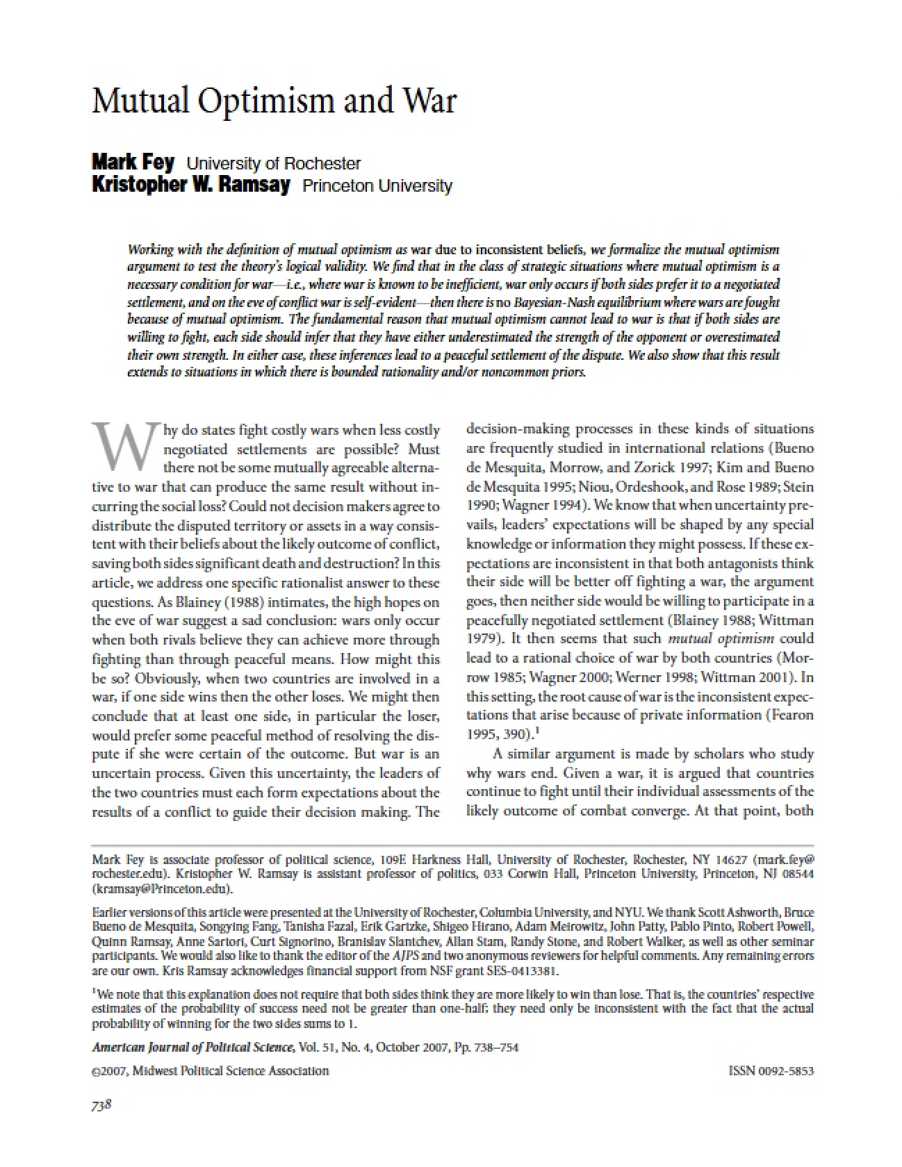 War and the Concept of Mutual Optimism