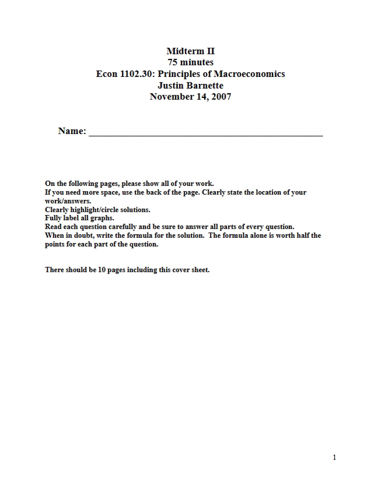 Midterm Test for Principles of Macroeconomics