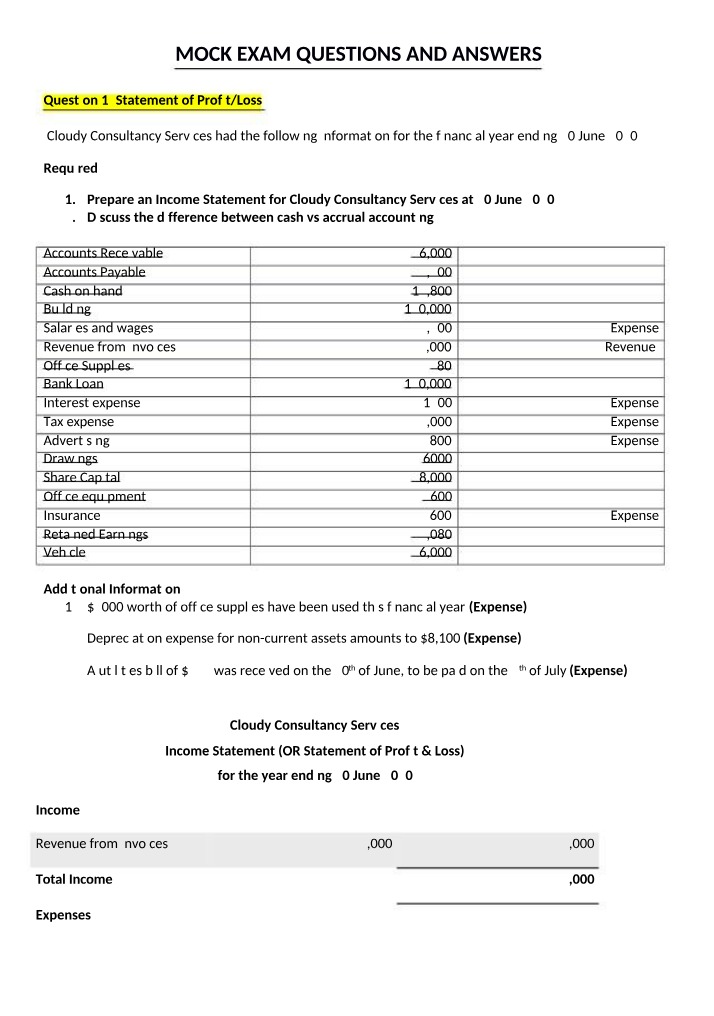 Accounting Mock Exam Questions and Answers