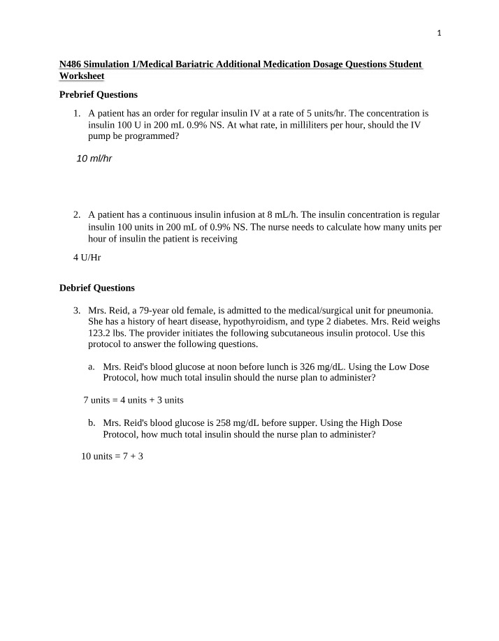 Worksheet for Calculating Insulin Dosages and IV Pump Rates