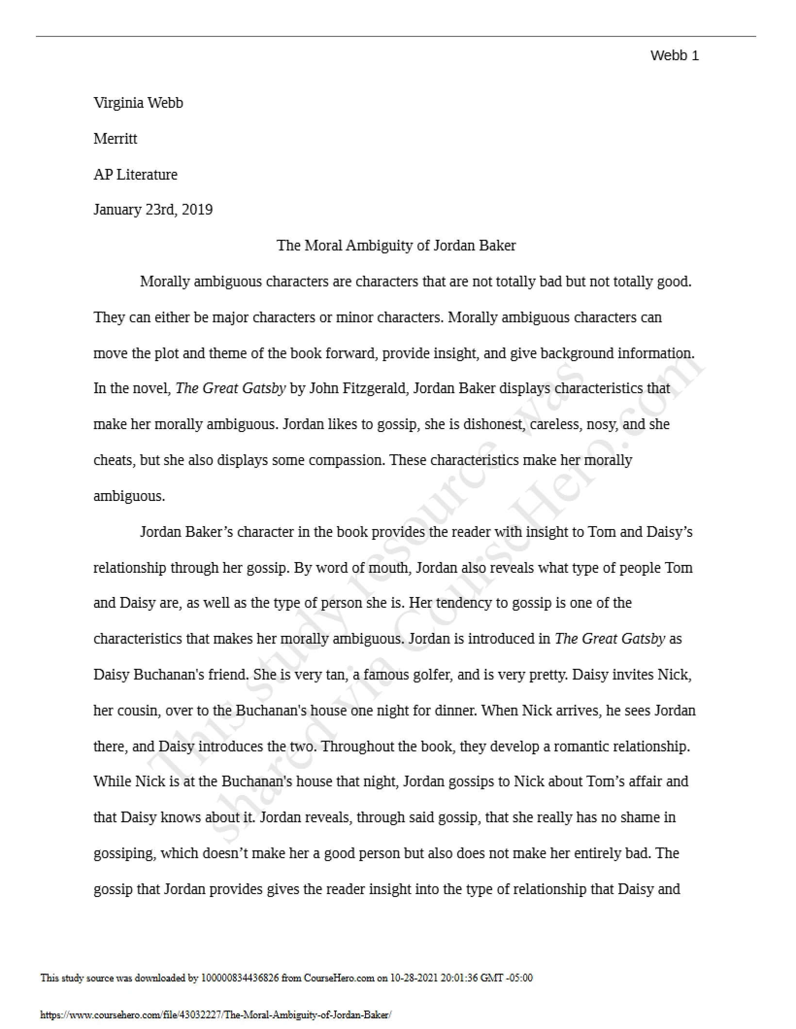 Jordan Baker's Moral Ambiguity