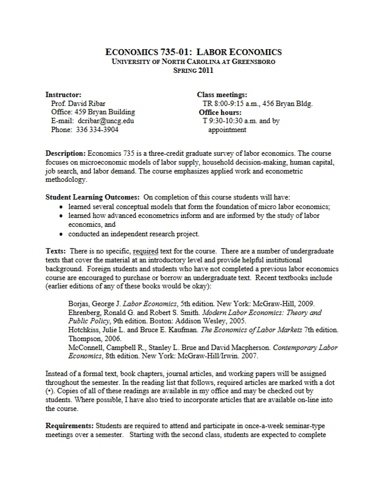 Labor Economics Class Syllabus