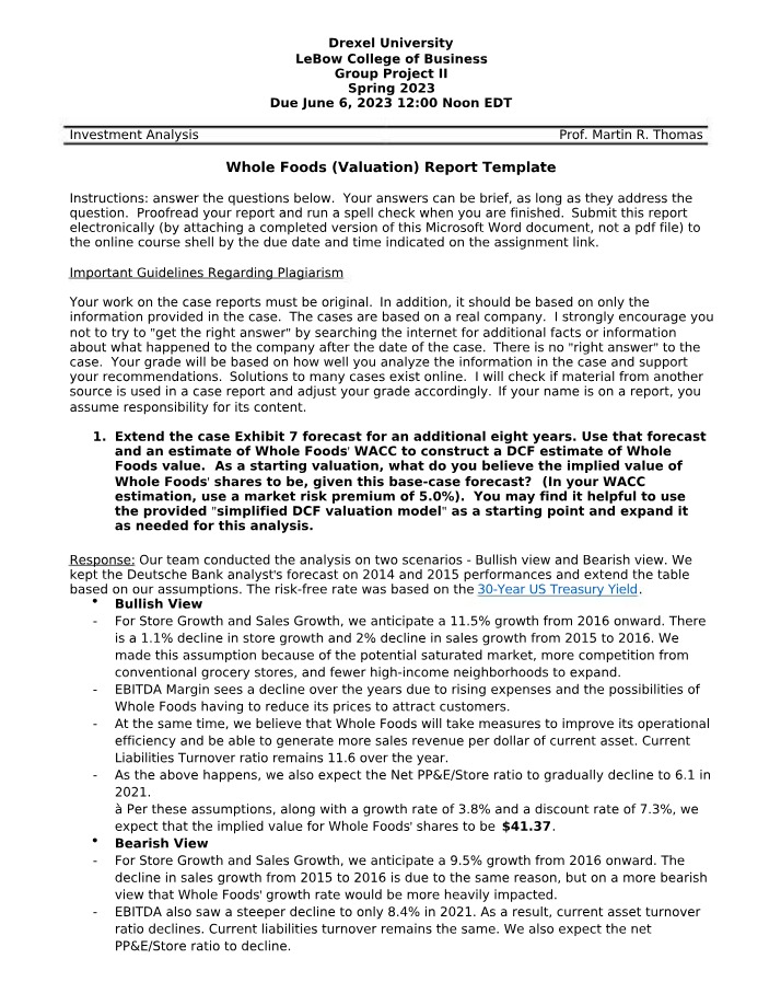 Whole Foods Report Template (Valuation)