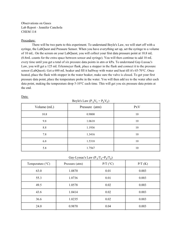 Lab Report on Observations of Gases