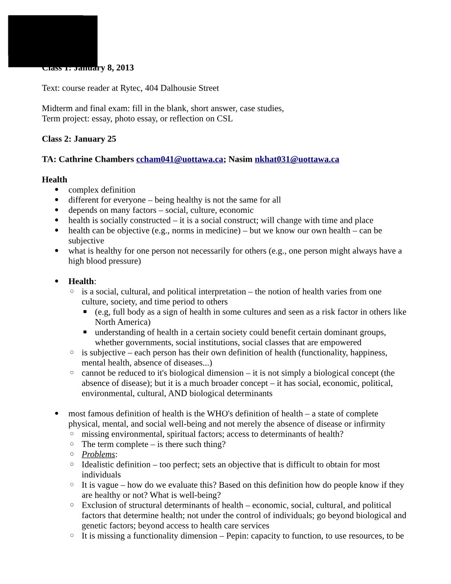 Health, Gender and Feminism - CHY4360 Notes