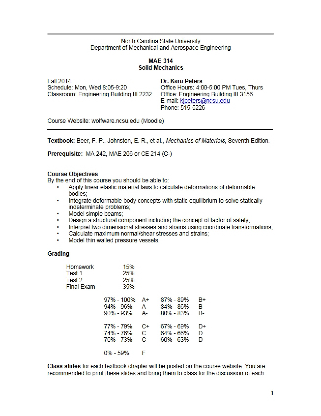 Syllabus for Solid Mechanics 2014