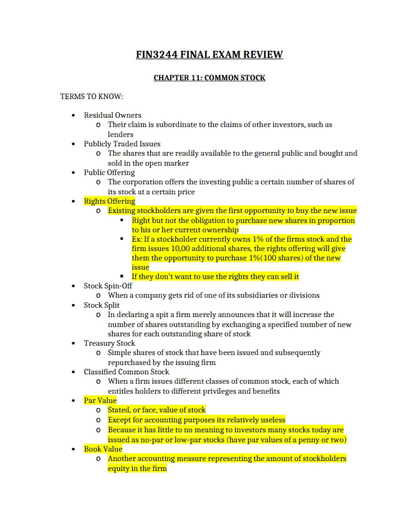 Review for the Final Examination in Finance