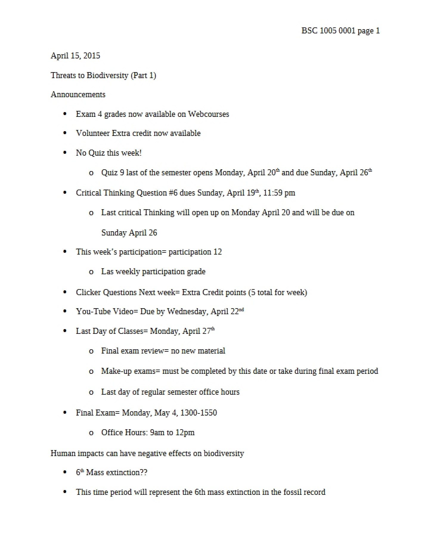 Biodiversity Threats - BSC 1005