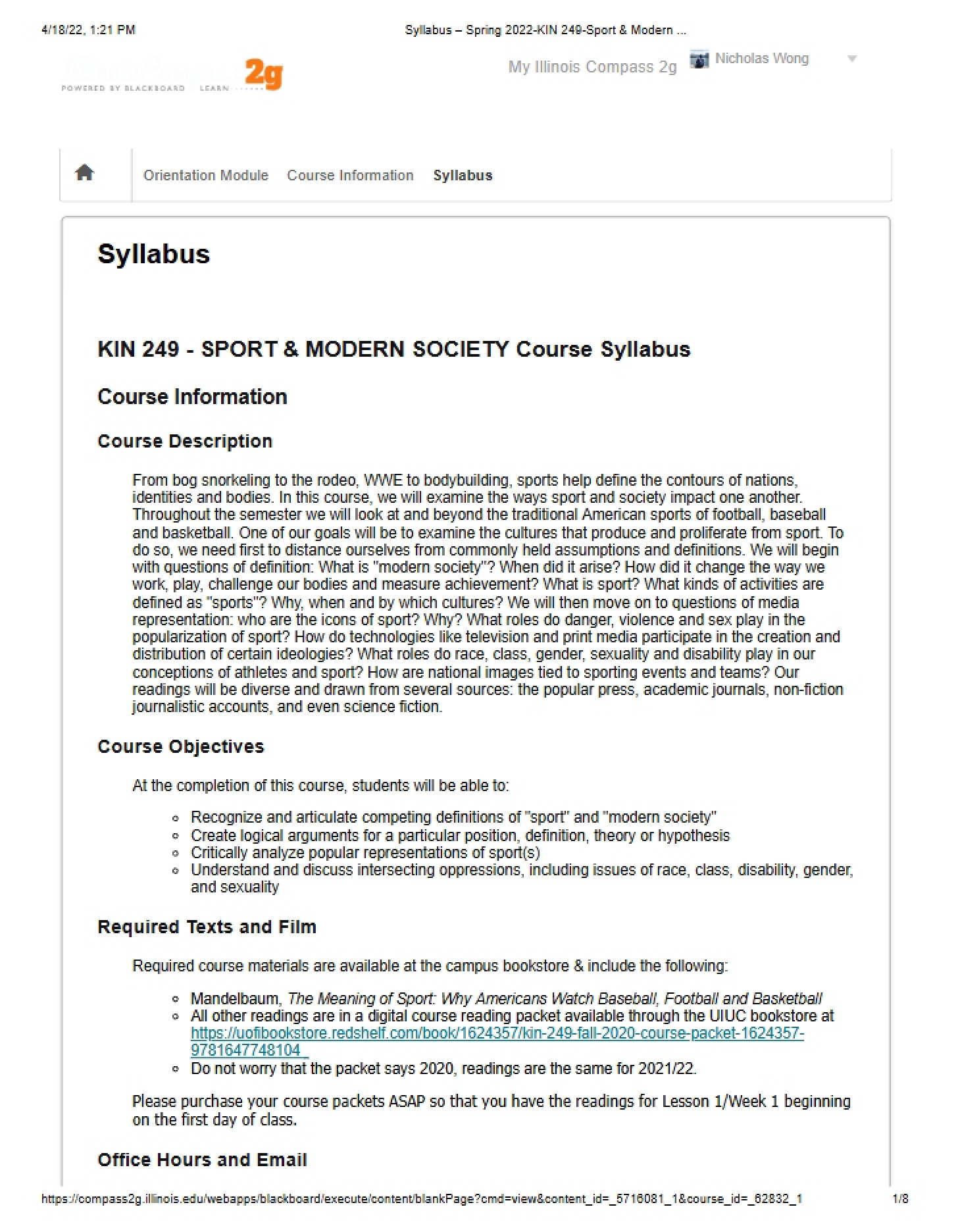 Syllabus for KIN 249