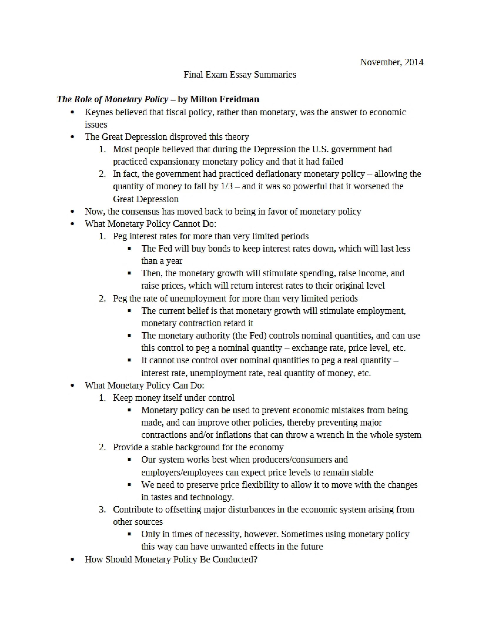 Summaries for Final Exam Essays