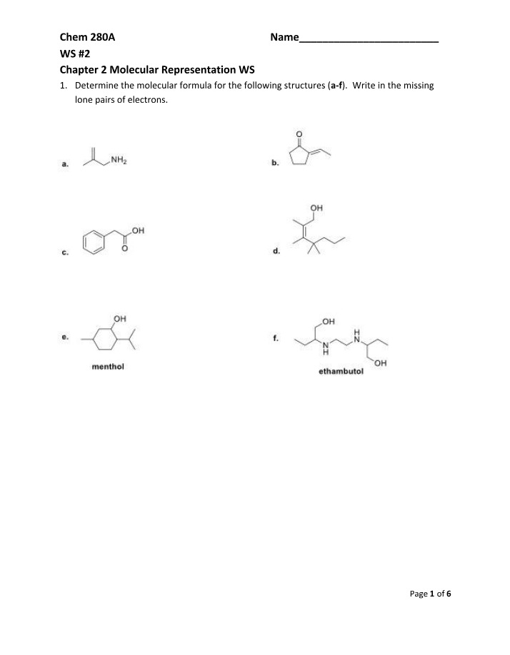 Molecular Representation Worksheet - Formulas, Isomers, and Resonance