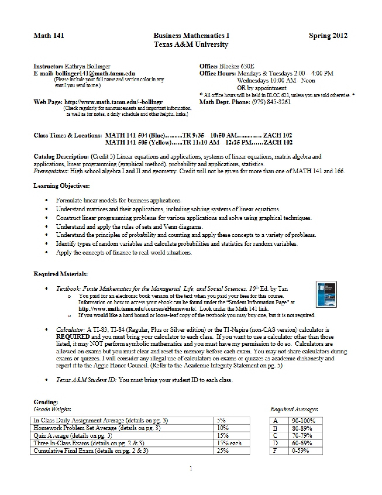 Spring 2012 Math 141 Syllabus