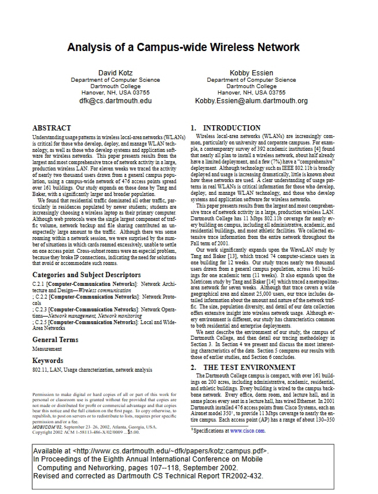 Analysis of a Campus-Wide Wireless Network - Wireless Local Area Networks