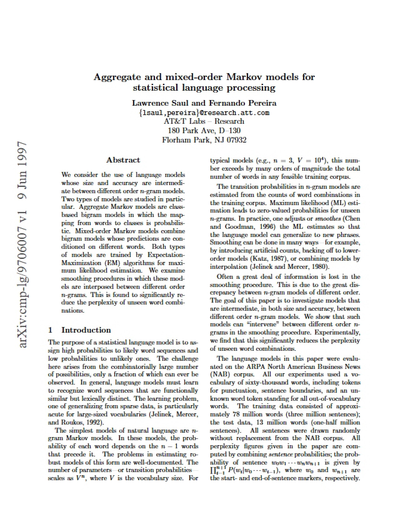 Markov Models for Statistical Language Processing