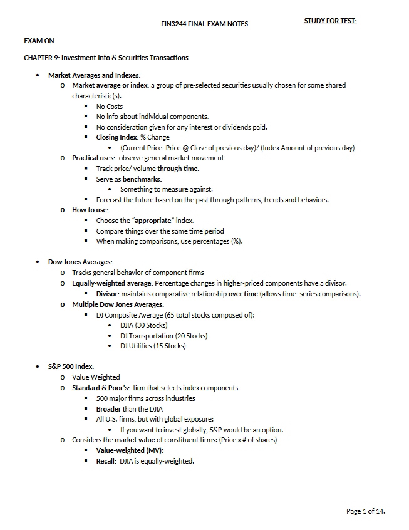 Study Notes for the Final Finance Exam