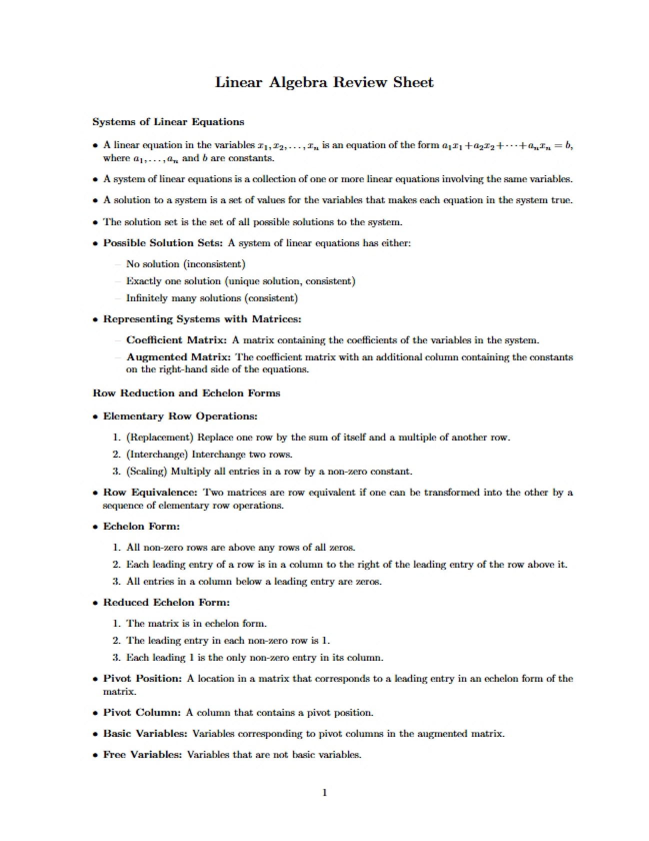 Linear Algebra Review Sheet