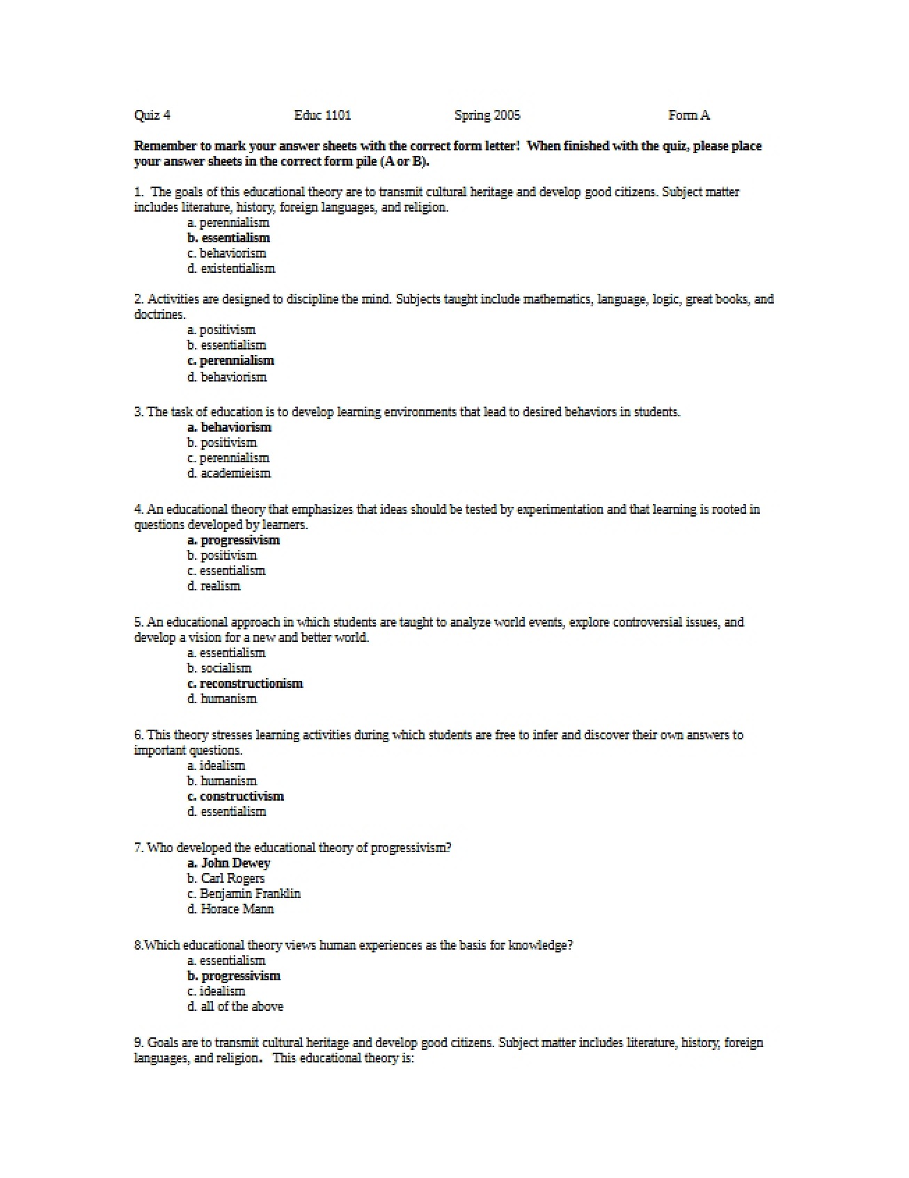 Fourth Quiz Education in Modern Society