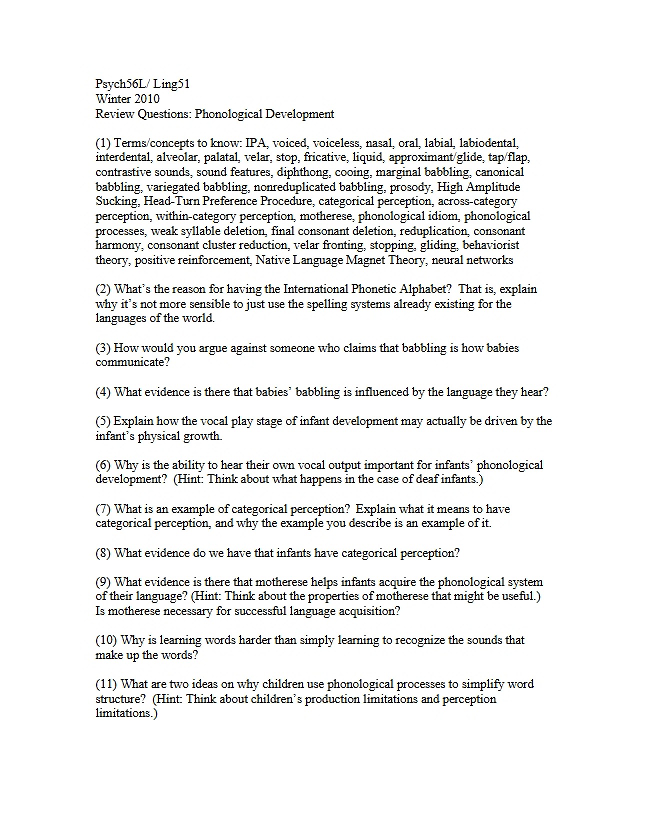 Phonological Development Questions for Review