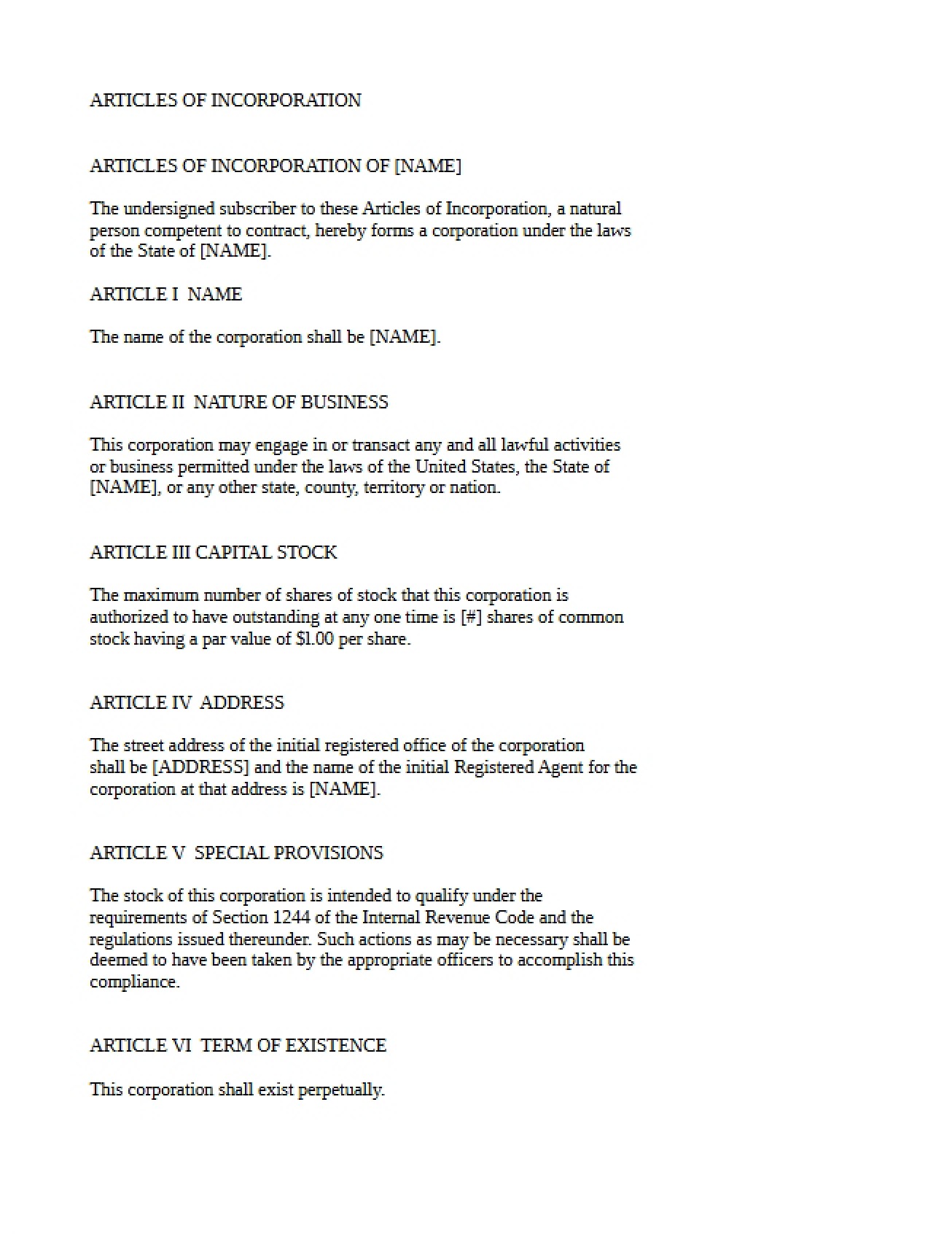 Sample Incorporation Articles