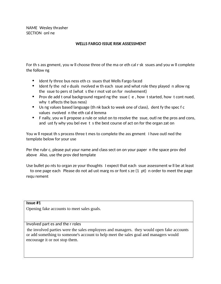 Wells Fargo - Employee Assignment and Ethical Risk Issues