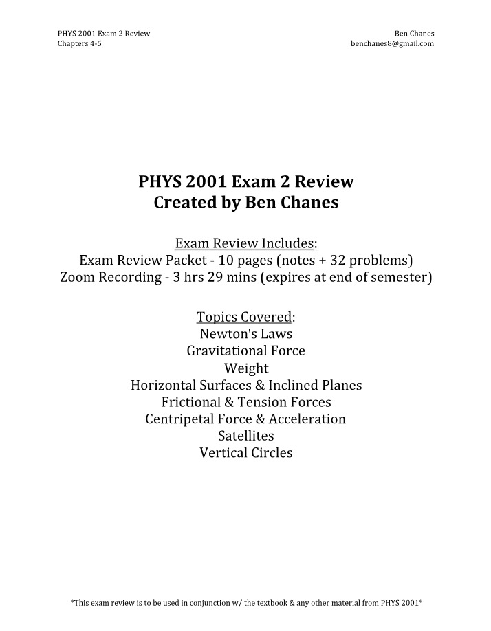 Exam 2 Review - Newton's Laws, Gravitational Force, and Weight