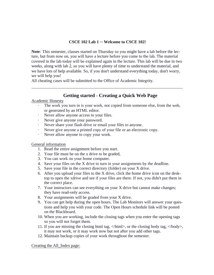 Creating a Quick Web Page - CSCE 102 Lab 1
