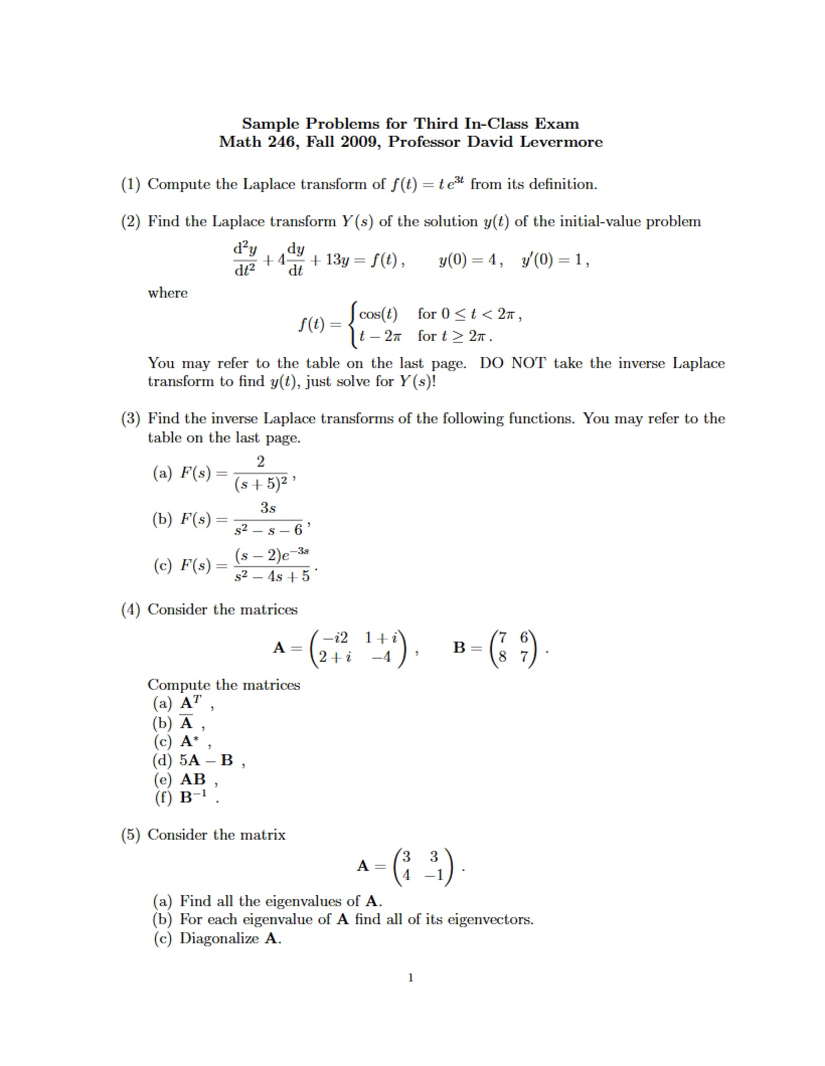 Third In-Class Exam Sample Problems