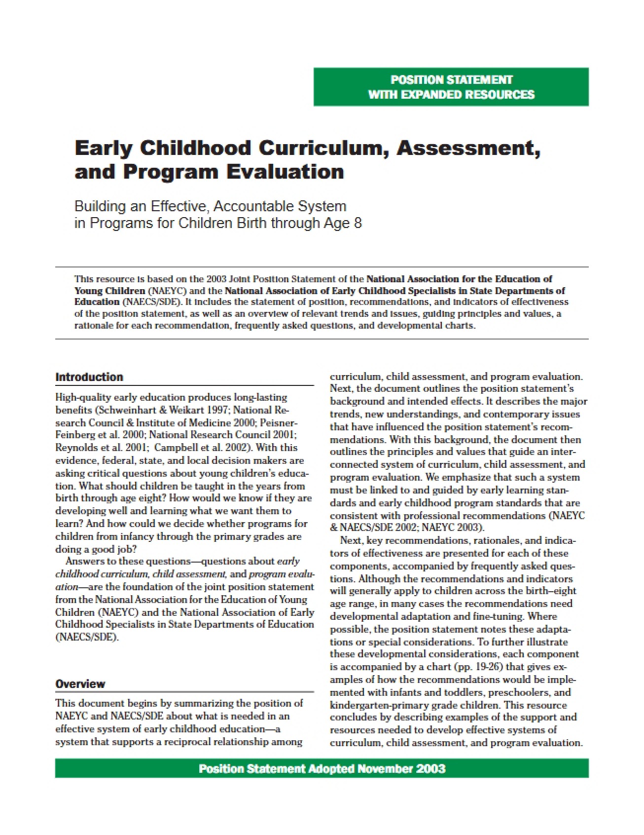 Evaluation of Program, Assessment, and Curriculum in ECE